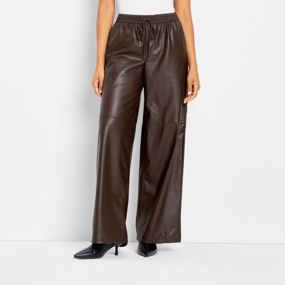 Women's Mid-Rise Wide Leg Faux Leather Pull-On Pants - Future Collective Brown S